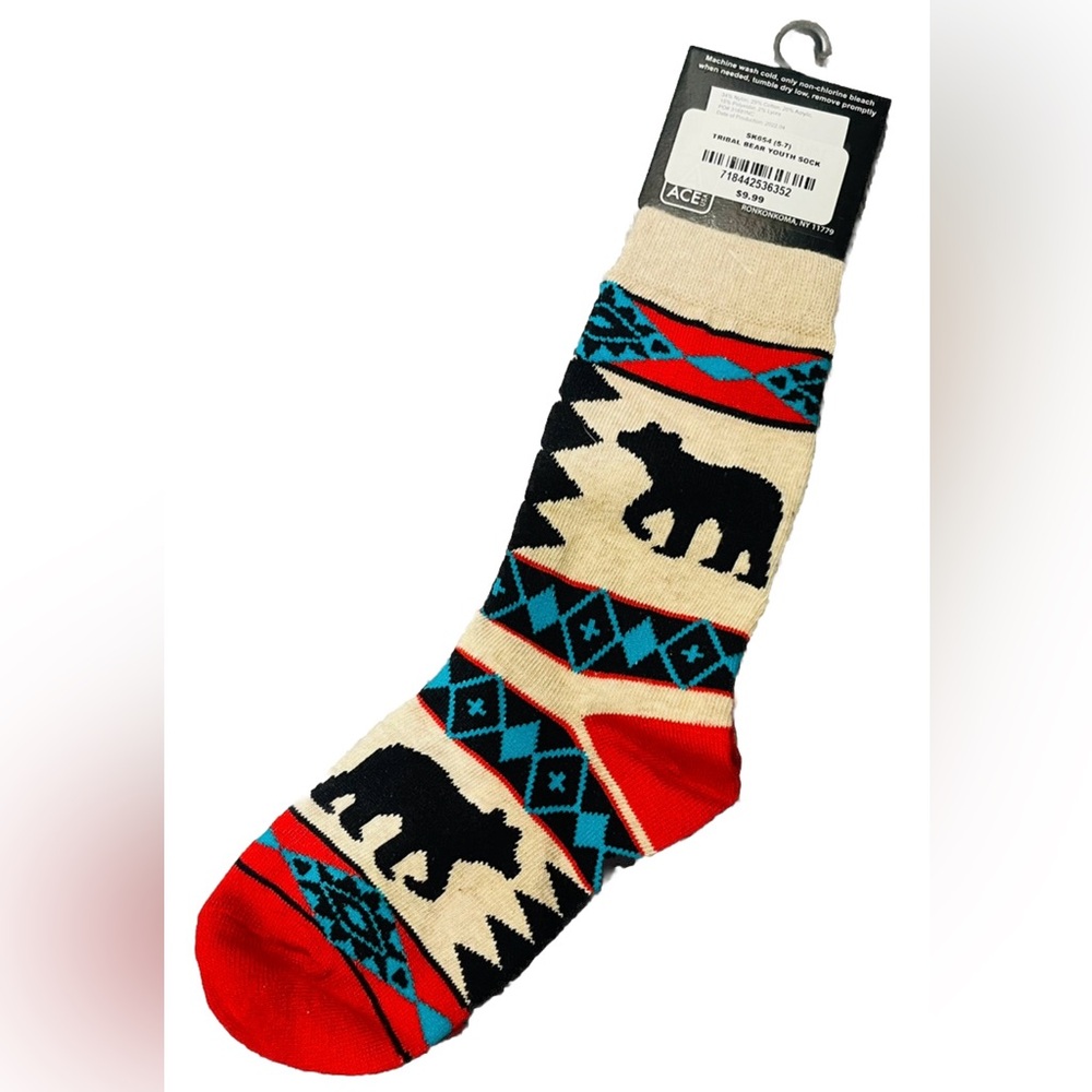 NWT ACE USA Tribal Bear Pattern Youth Socks Size 5-7